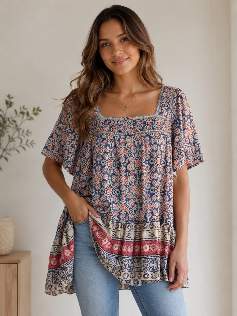 beachlunchlounge Boho Tunic -Navy &Coral Floral Square-Neck Size Medium